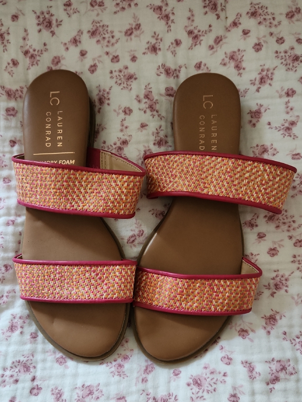 LC Lauren Conrad Tan Slide Sandals with Pink-Trim Woven Straps